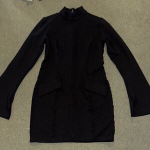 Black Ribbed Bodycon Dress with Bell Sleeves